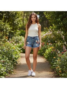 Design Lab Lord & Taylor Distressed Fringe Floral Denim Shorts Size 27